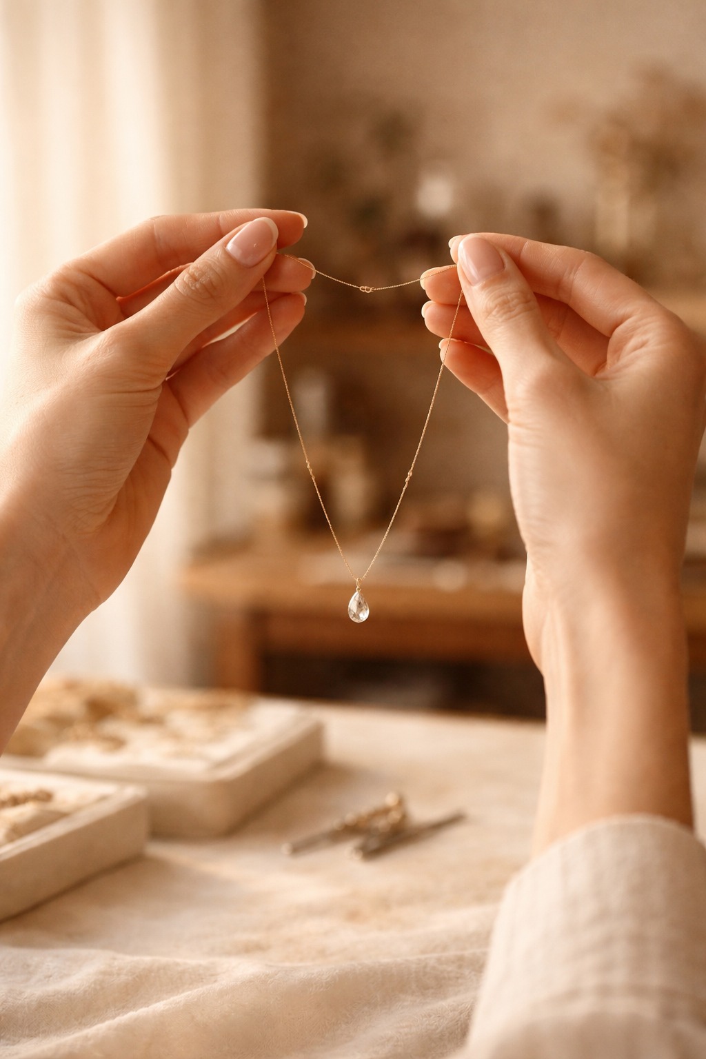 A pair of hands holding a fine gold chain with a pear-cut drop, at a jeweller's bench